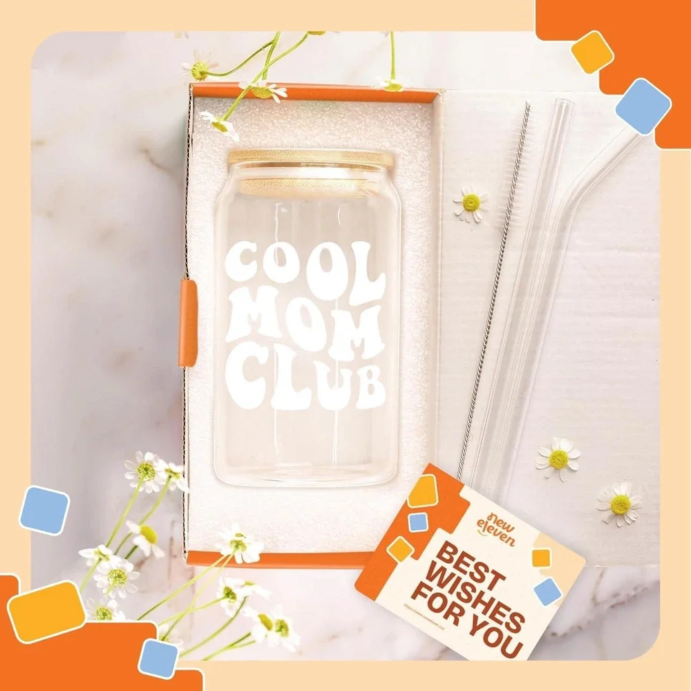 New Eleven Cool Mom Club Glass Can Tumbler with Bamboo Lid and Glass Straw 16oz